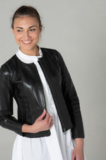 Black lambskin jacket, slim fit, textured ridges, biker-style collar. - Image n°7