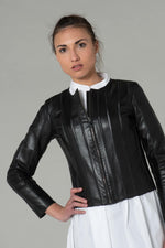 Black lambskin jacket, slim fit, textured ridges, biker-style collar. - Image n°6