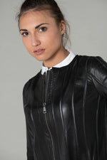 Black lambskin jacket, slim fit, textured ridges, biker-style collar. - Image n°2
