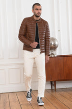 Quilted coffee-brown sheepskin jacket with biker-inspired warmth. - Image n°2