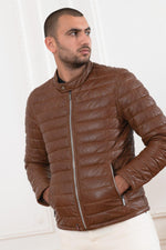 Quilted coffee-brown sheepskin jacket with biker-inspired warmth. - Image n°1