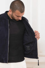 Slim A2-style navy suede jacket in goat leather for a sharp look. - Image n°4
