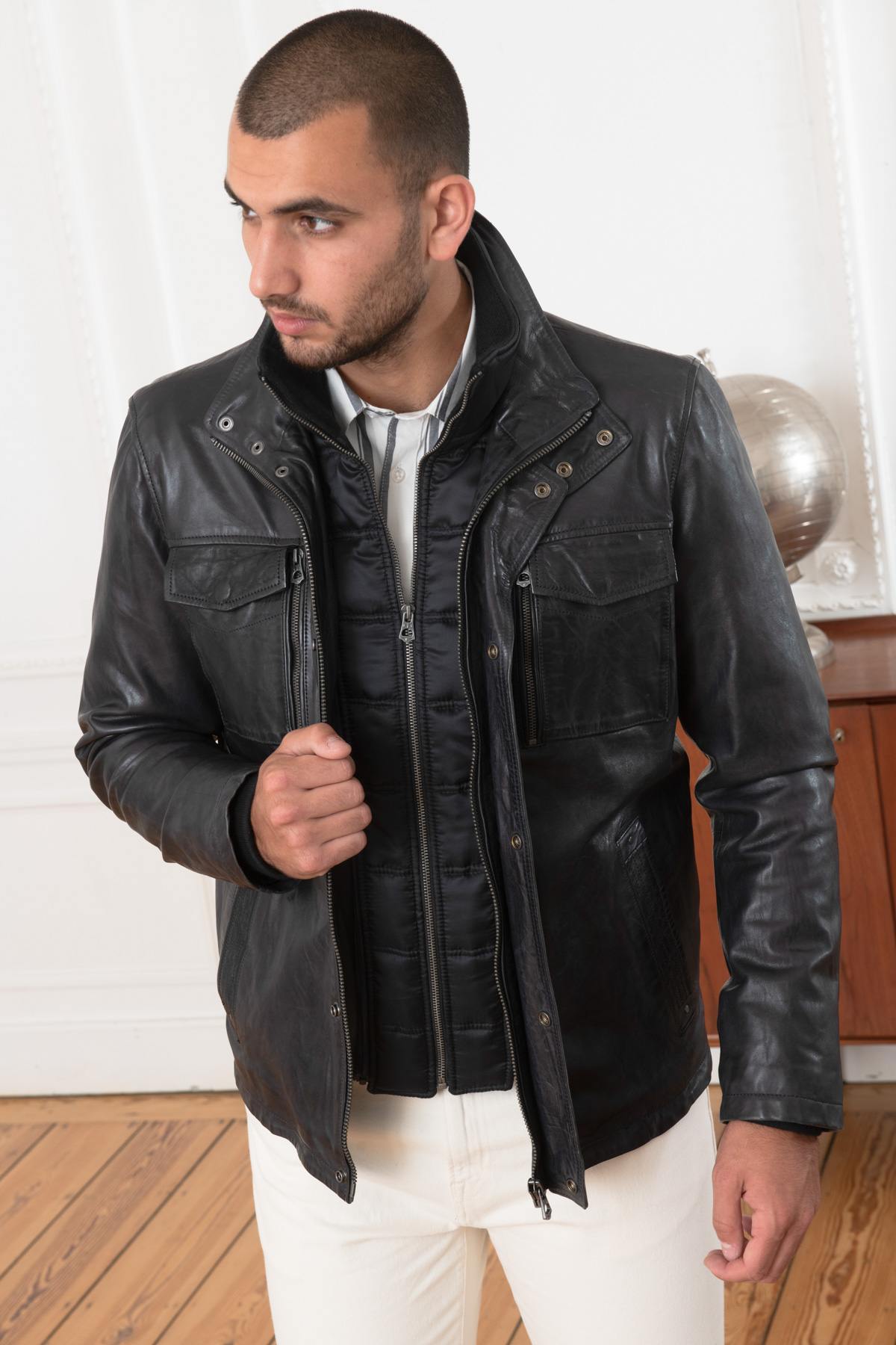 Midnight blue sheep leather jacket with removable collar and zip. - Image n°5