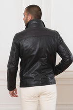 Midnight blue sheep leather jacket with removable collar and zip. - Image n°9