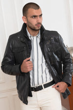 Dark blue leather jacket with stand-up collar - Image n°2