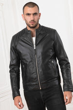 Rock-chic lambskin jacket by Schott: crinkled, matte, Mao collar. - Image n°6