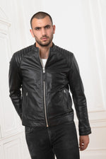 Rock-chic lambskin jacket by Schott: crinkled, matte, Mao collar. - Image n°7