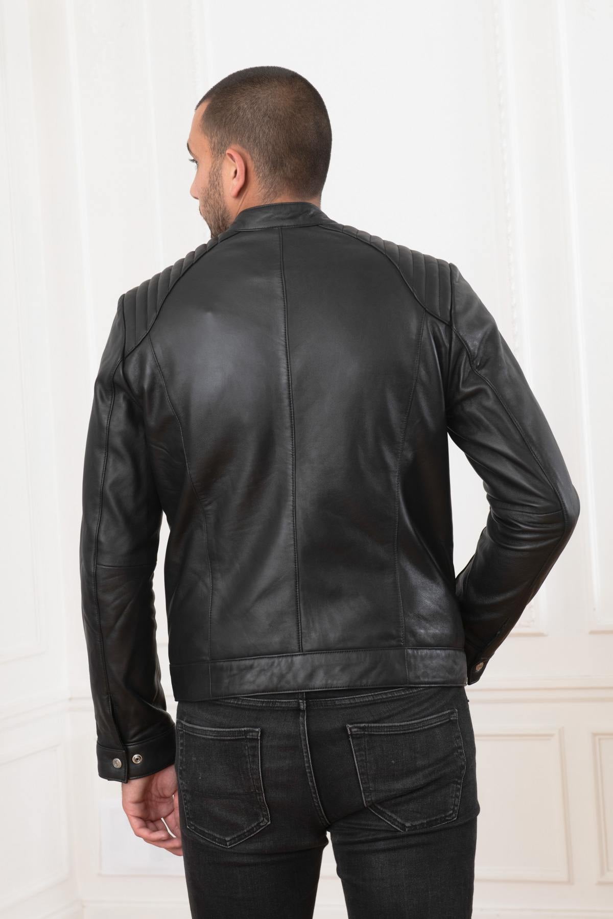 Rock-chic lambskin jacket by Schott: crinkled, matte, Mao collar. - Image n°3