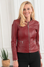 Burgundy sheepskin jacket, slim fit, moto collar, timeless style. - Image n°1