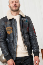 Petrol navy lambskin aviator jacket with removable sheepskin collar. - Image n°4