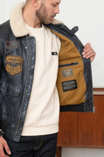 Petrol navy lambskin aviator jacket with removable sheepskin collar. - Image n°6