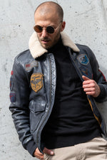 Petrol navy lambskin aviator jacket with removable sheepskin collar. - Image n°1