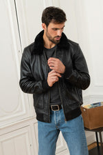 Thick cowhide aviator jacket with detachable fur collar for winter. - Image n°1