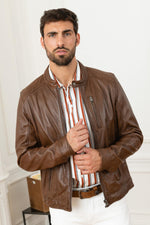 Aged sheepskin biker jacket with Mao collar and structured fit. - Image n°3