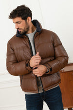 Warm brown leather down jacket - Image n°1