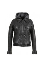 Black leather jacket with removable textile hood - Image n°7