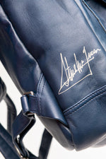 Racing-style backpack in navy blue leather - Image n°3
