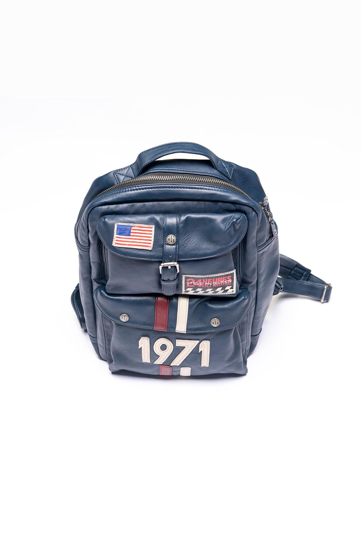 Racing-style backpack in navy blue leather - Image n°2