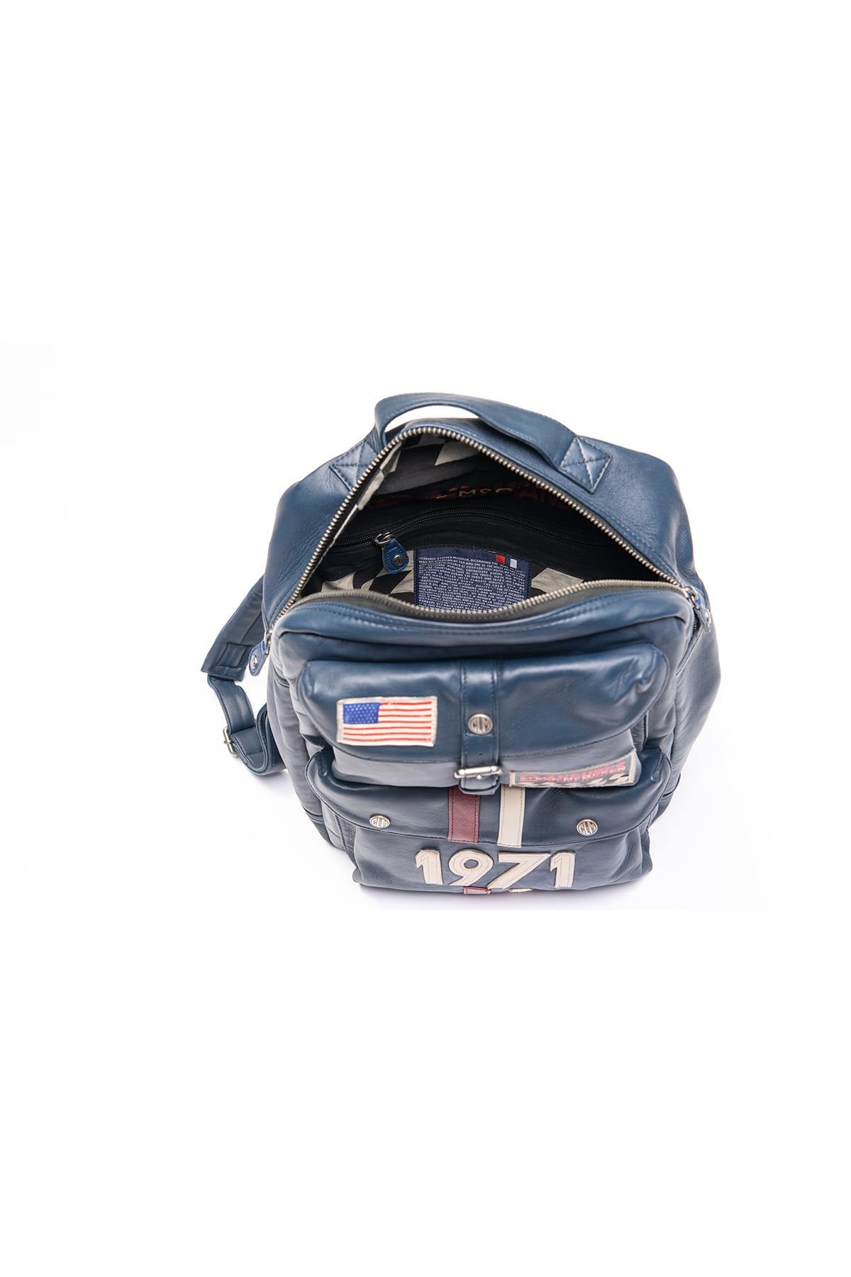 Racing-style backpack in navy blue leather - Image n°6