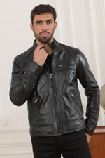 Black lambskin biker jacket, slim fit, matelassé shoulders. - Image n°9