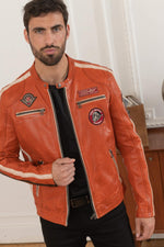 Orange biker-inspired leather jacket - Image n°3