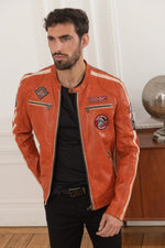 Orange biker-inspired leather jacket - Image n°8