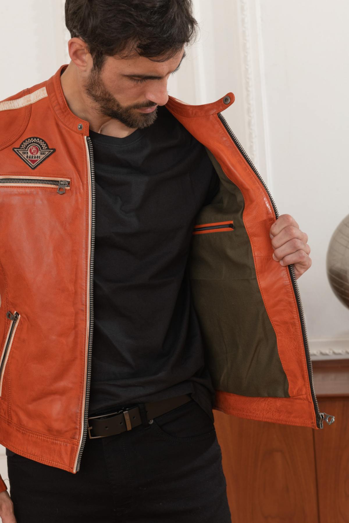 Orange biker-inspired leather jacket - Image n°5