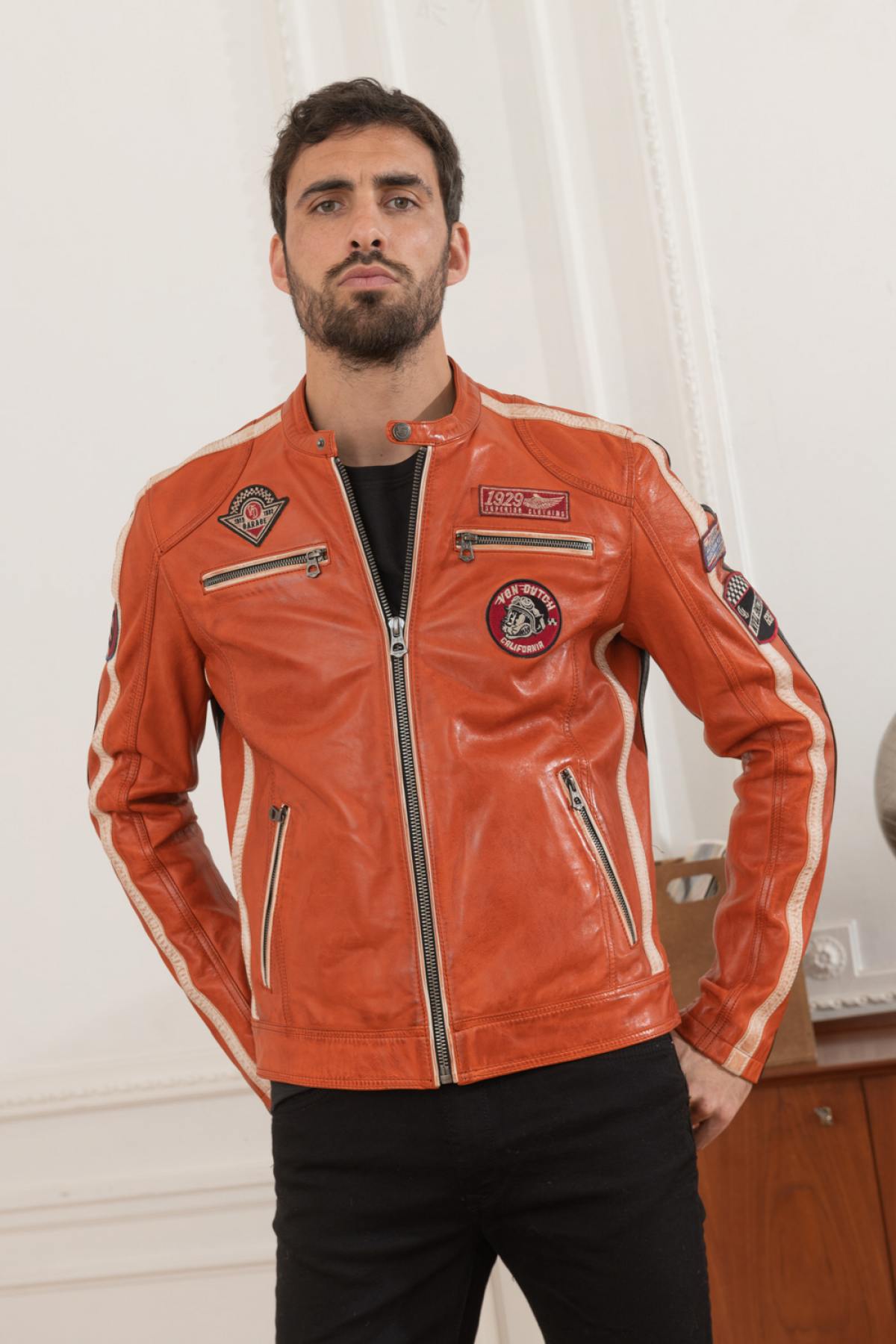 Orange biker-inspired leather jacket - Image n°7