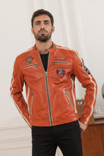 Orange biker-inspired leather jacket - Image n°7
