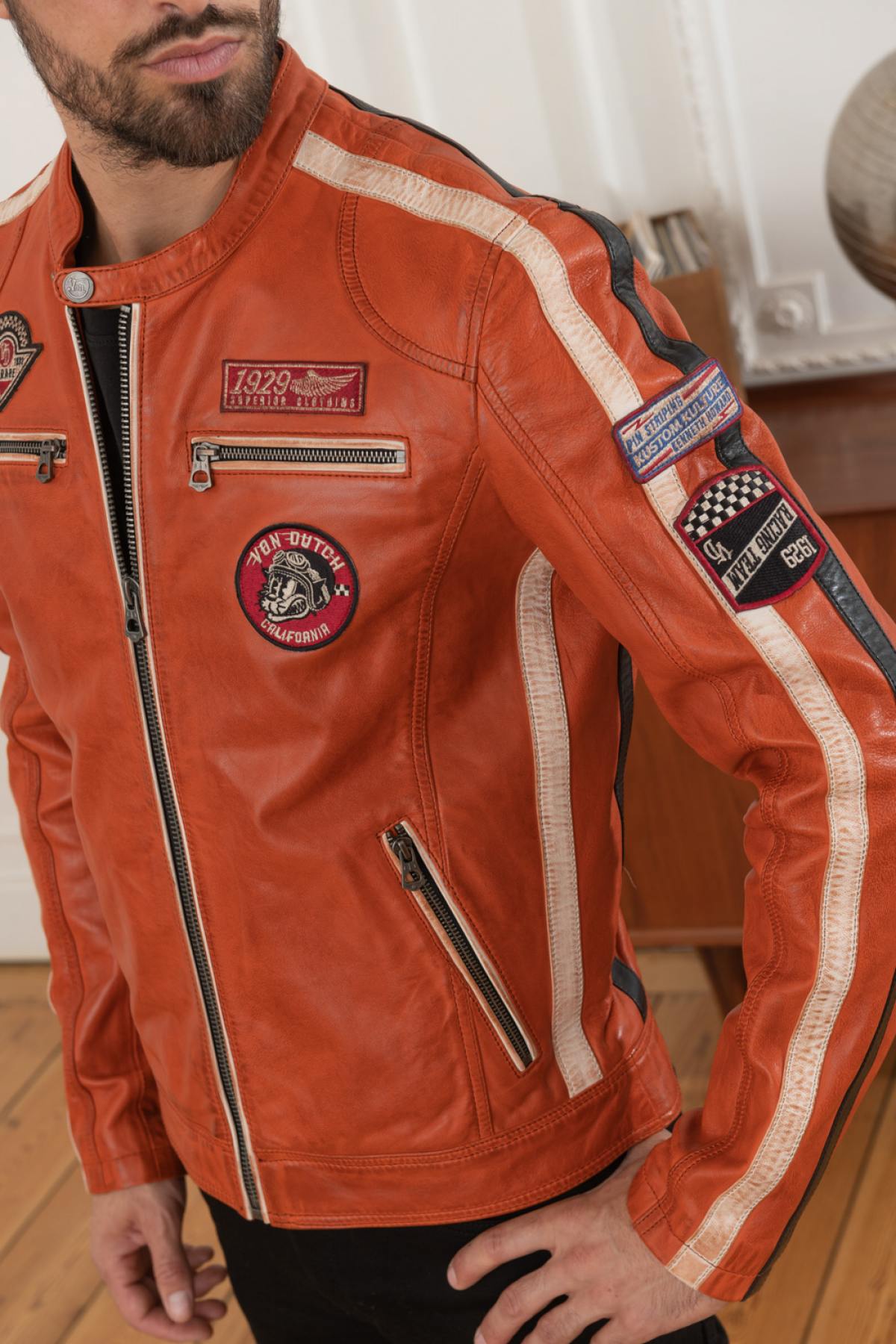 Orange biker-inspired leather jacket - Image n°1