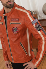 Orange biker-inspired leather jacket - Image n°1