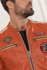 Orange biker-inspired leather jacket - Image n°4