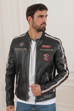 Dark gray racer-inspired leather jacket - Image n°5