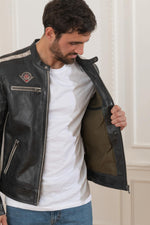 Dark gray racer-inspired leather jacket - Image n°3