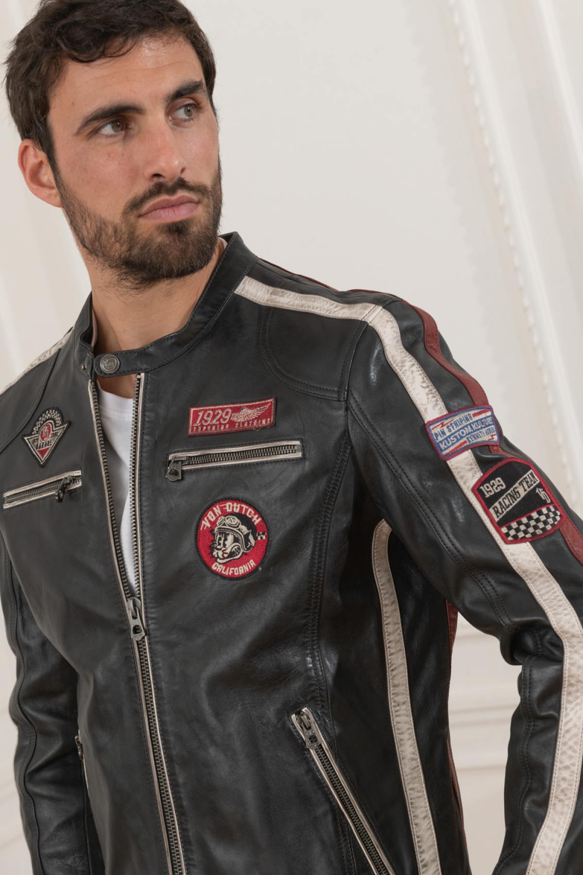 Dark gray racer-inspired leather jacket - Image n°1