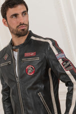 Dark gray racer-inspired leather jacket - Image n°1