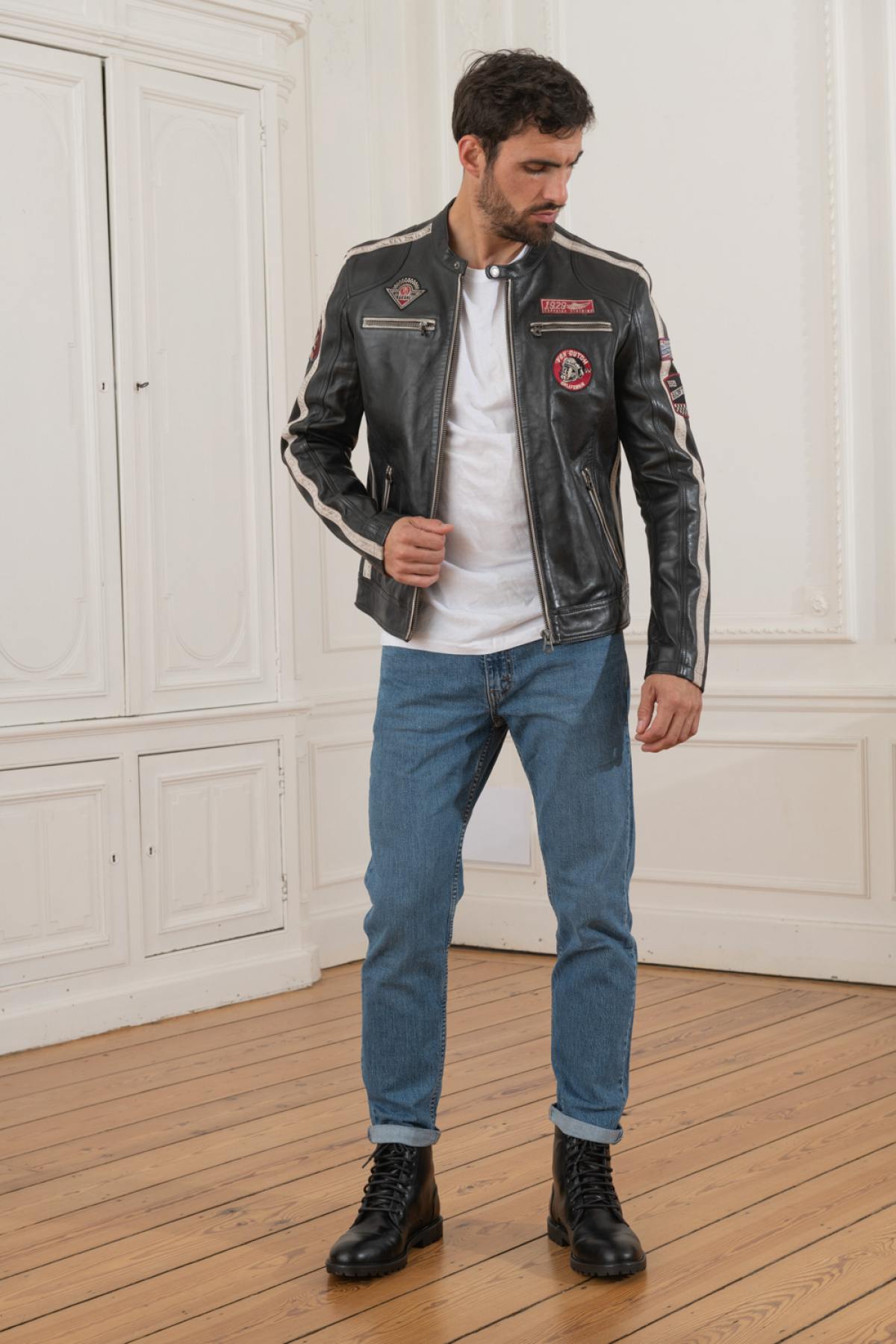 Dark gray racer-inspired leather jacket - Image n°2