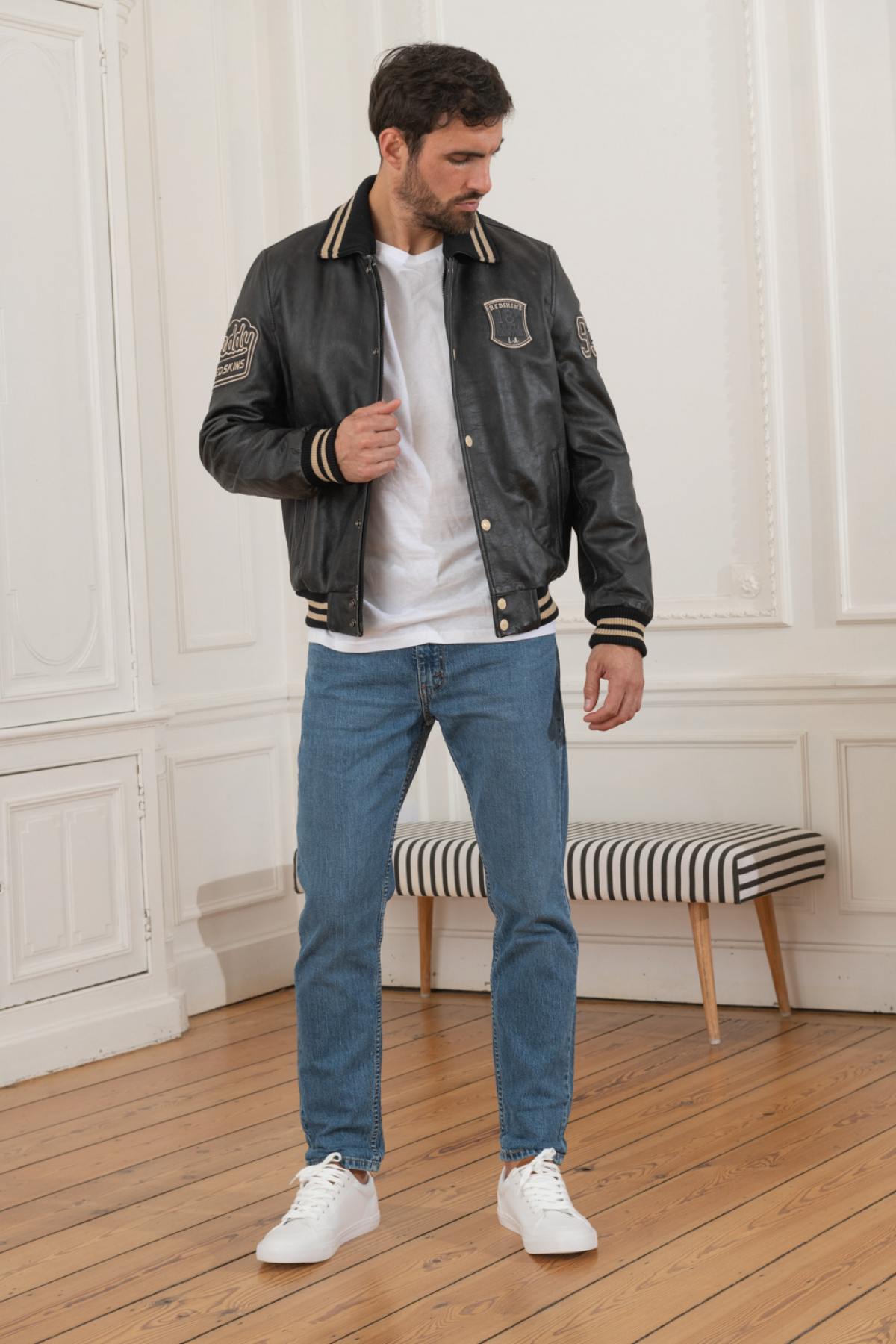 Redskins' cowhide leather jacket with striped collar and ribbed trims. - Image n°2