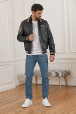 Redskins' cowhide leather jacket with striped collar and ribbed trims. - Image n°2
