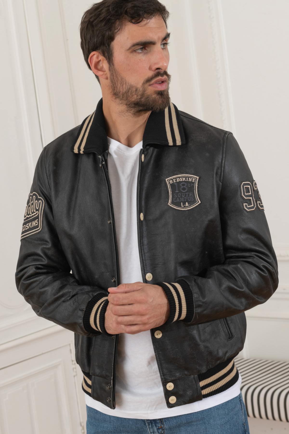 Redskins' cowhide leather jacket with striped collar and ribbed trims. - Image n°1