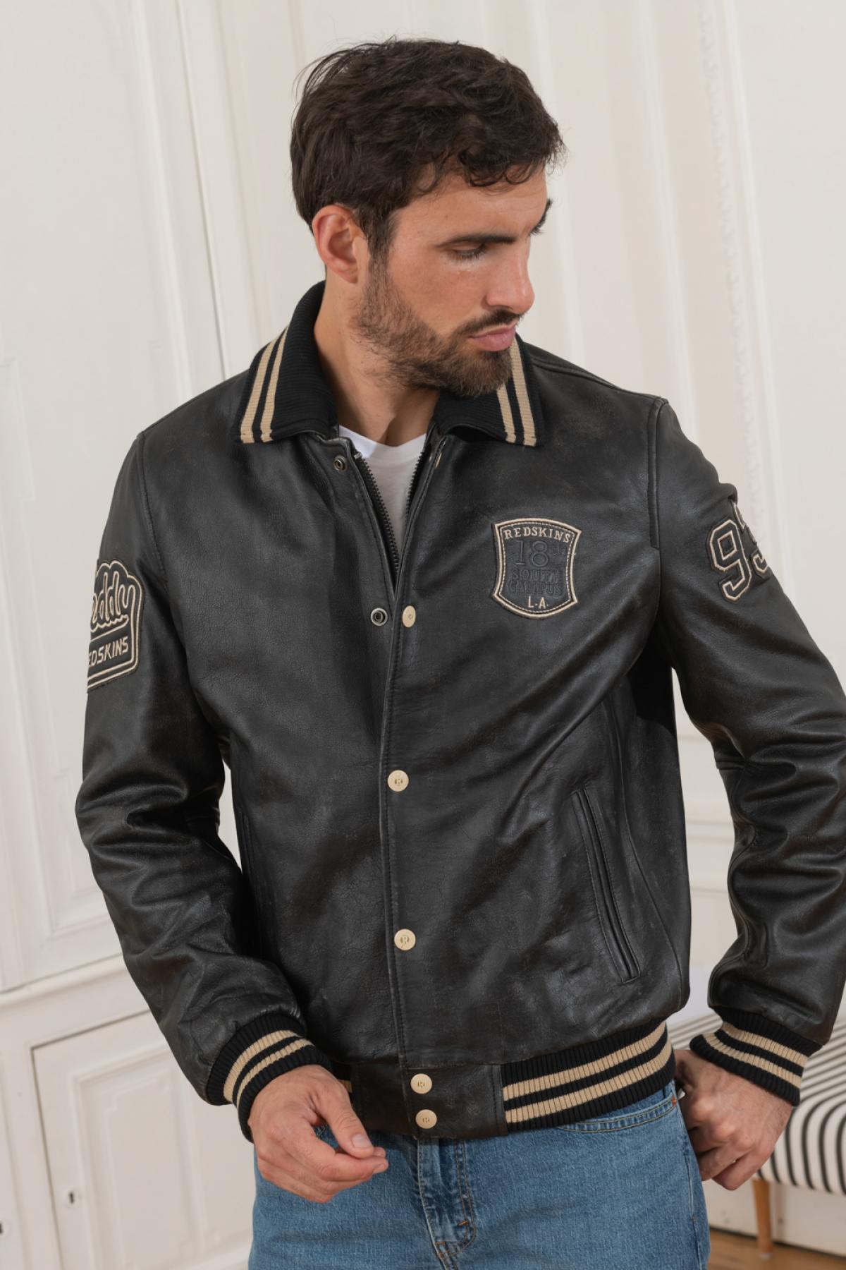 Redskins' cowhide leather jacket with striped collar and ribbed trims. - Image n°8