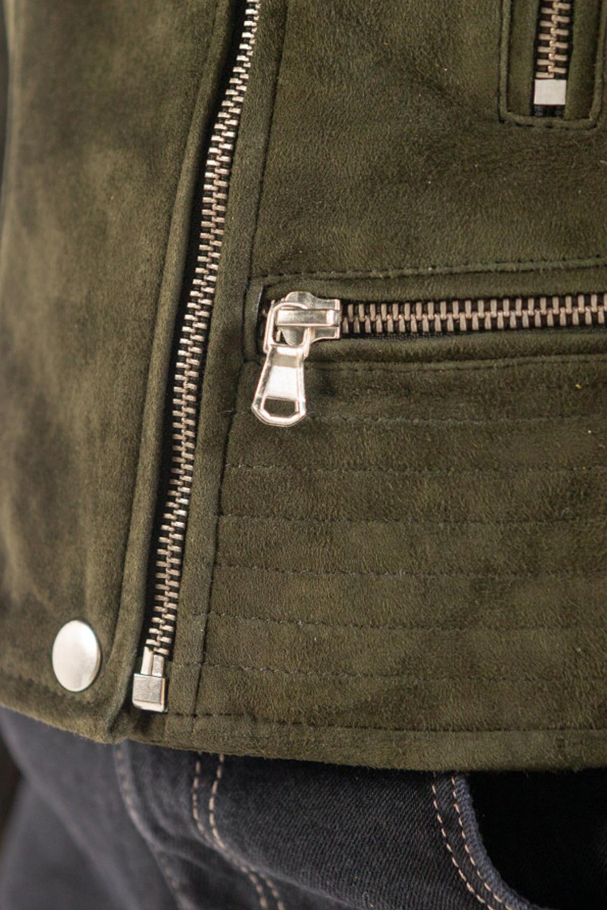 Khaki goat suede biker jacket, slim fit with press-stud cuffs. - Image n°2
