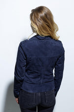 Slim-fit navy suede goatskin jacket, biker collar, silver accents. - Image n°6