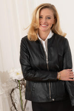 Black lambskin jacket with a chic biker collar and waist strap. - Image n°3