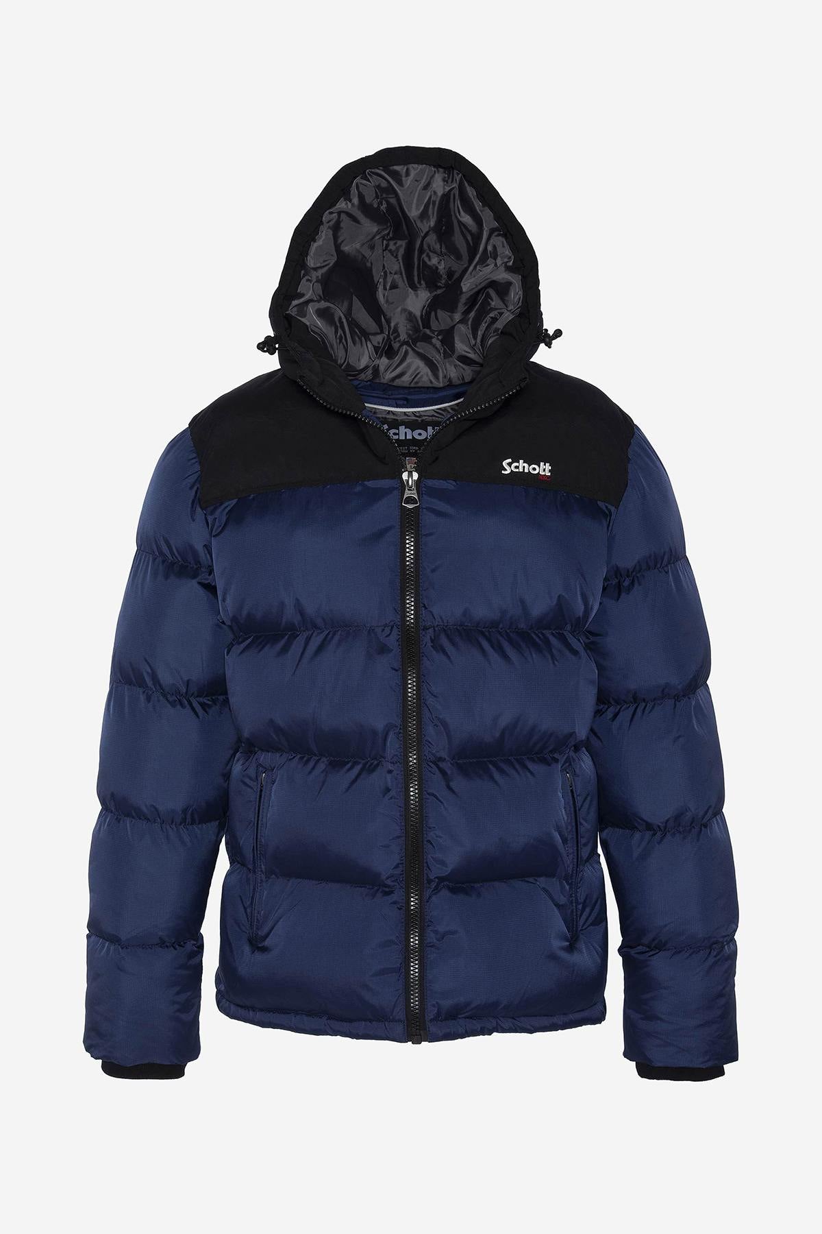 Navy blue quilted down jacket with hood - Image n°1