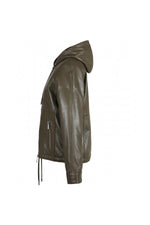 Hooded khaki sheepskin leather jacket - Image n°6