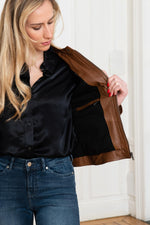 Cognac lambskin jacket, slim and soft-biker style for year-round edge. - Image n°5
