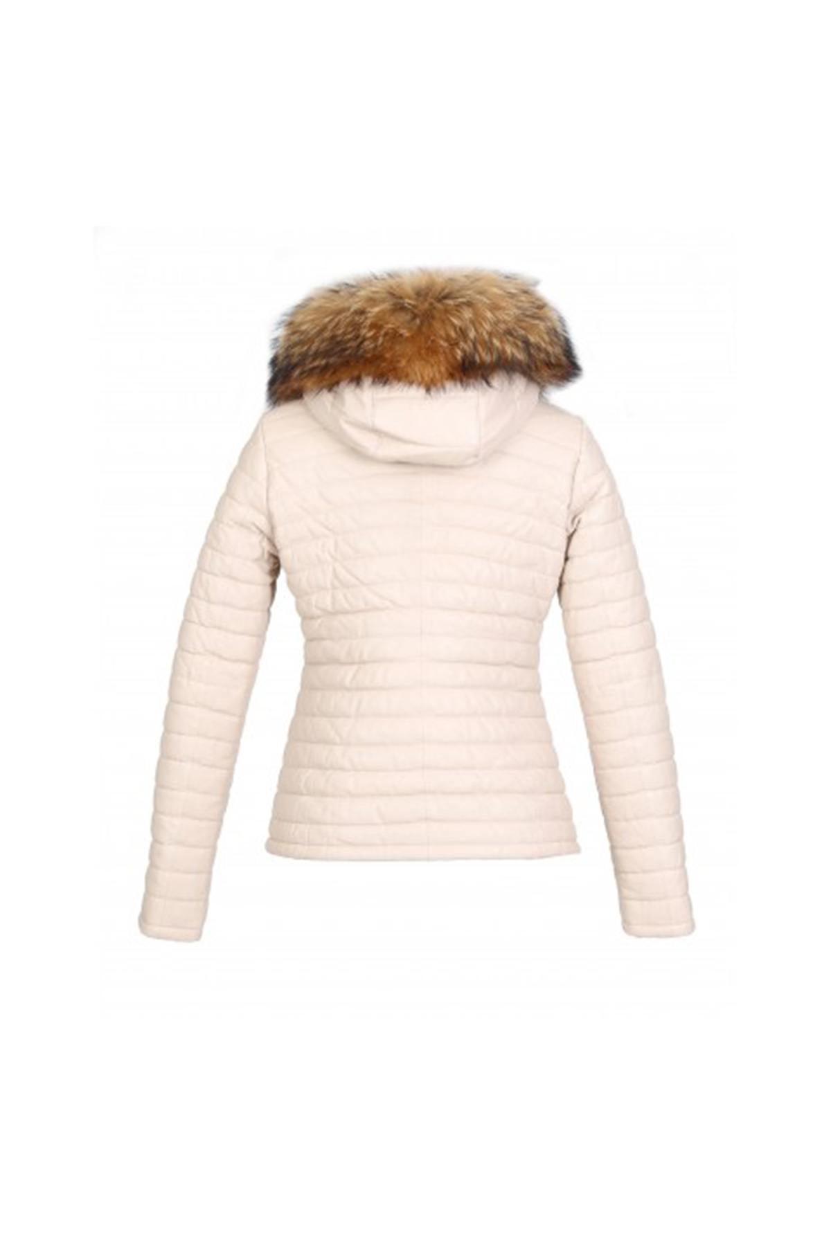 Leather sportswear down jacket with fur-lined hood - Image n°12