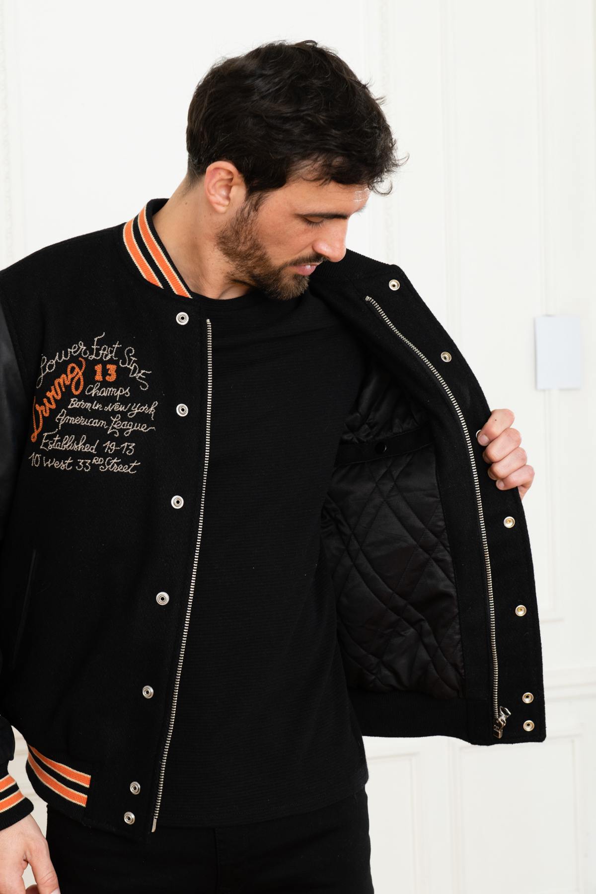 Schott's varsity teddy: wool meets cowhide leather in a timeless cut. - Image n°5