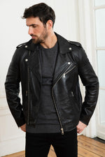 Black lambskin biker jacket by Redskins, slim-fit with a rock edge. - Image n°7